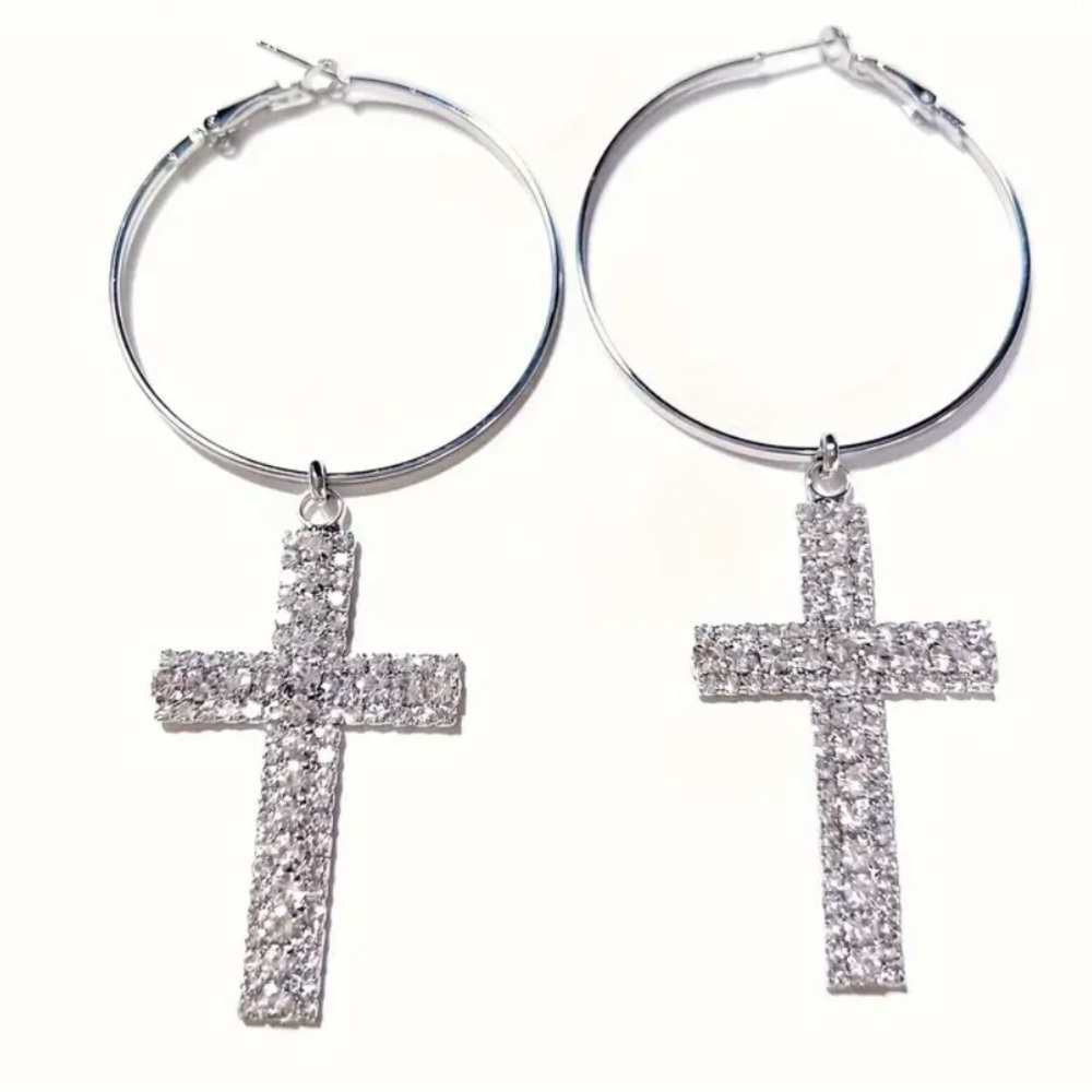 Silvery Pair Elegant Rhinestone Cross Hoop Earrings, with Bohemian Alloy!🔥